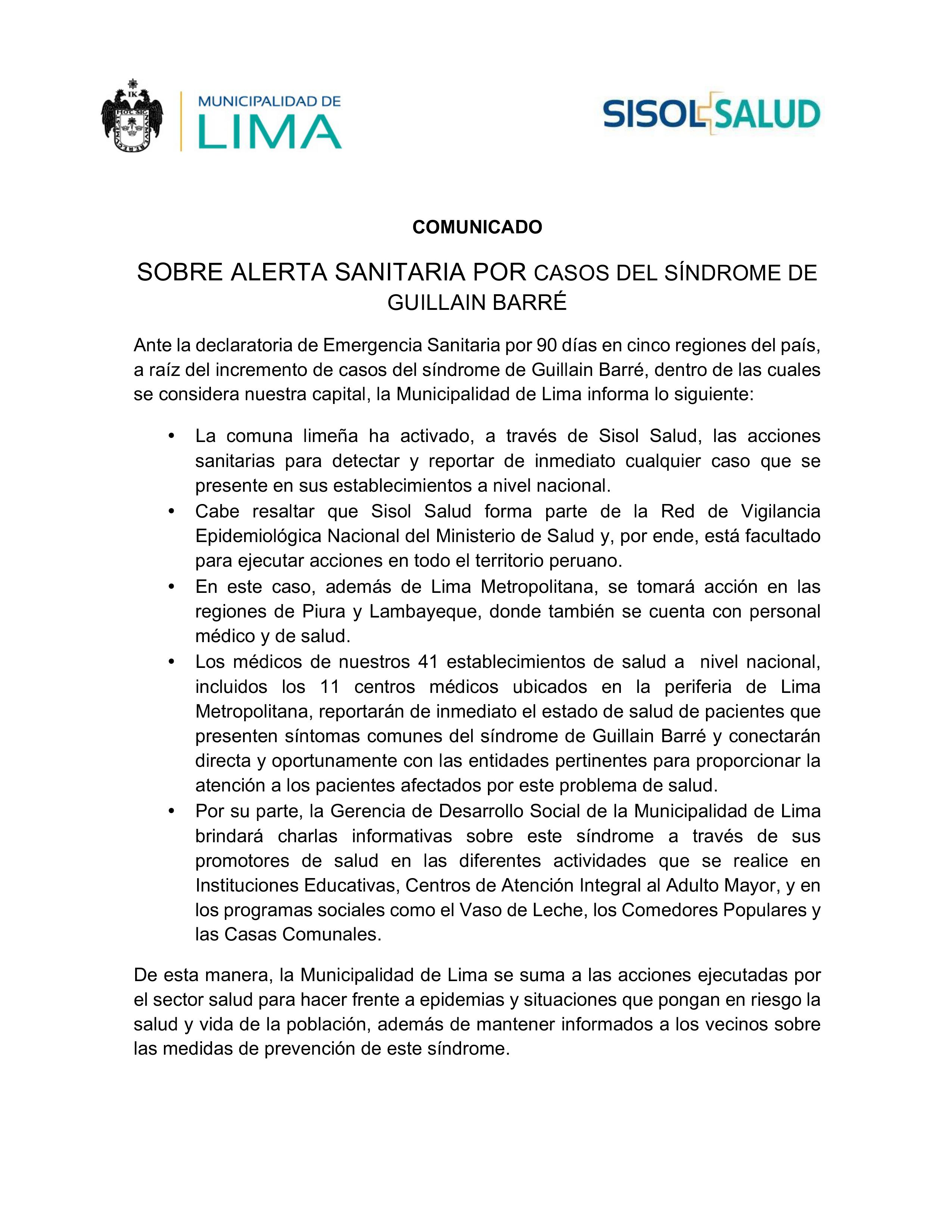Sobre alerta sanitaria por casos del síndrome de Guillain-Barré
