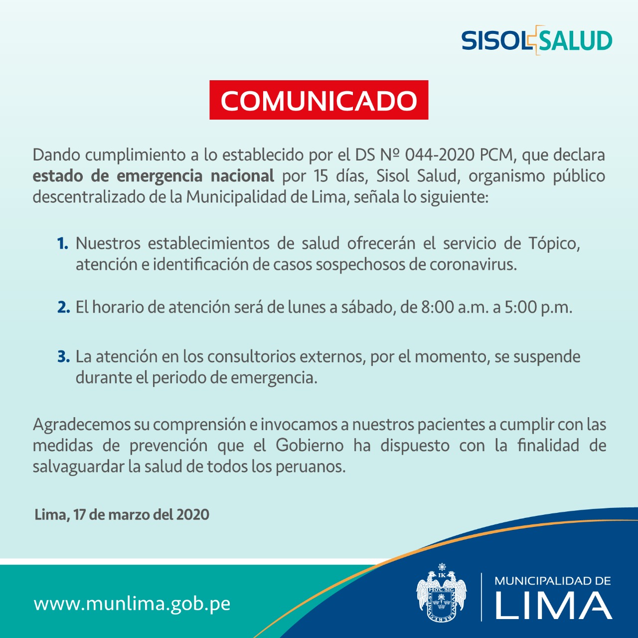 COMUNICADO: ATENCIÓN EN SISOL SALUD DURANTE ESTADO DE EMERGENCIA